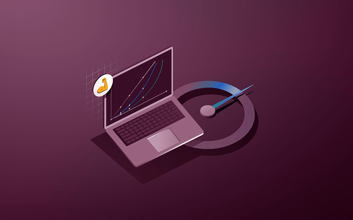 Laptop displaying analytics graph with JavaScript logo, alongside a speedometer gauge on purple background.
