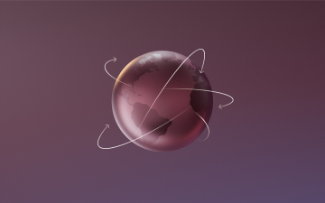 Glossy purple globe with thin orbit lines floating on a soft purple gradient background