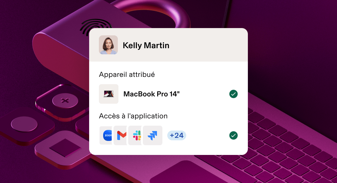 Profil d’utilisateur où l’on peut voir l’attribution d’un Macbook Pro et d’accès aux applications Zoom, Gmail, Slack et Figma affichées sur un fond violet.