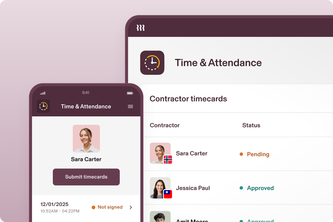 UI showing Time & Attendance app on mobile and tablet 