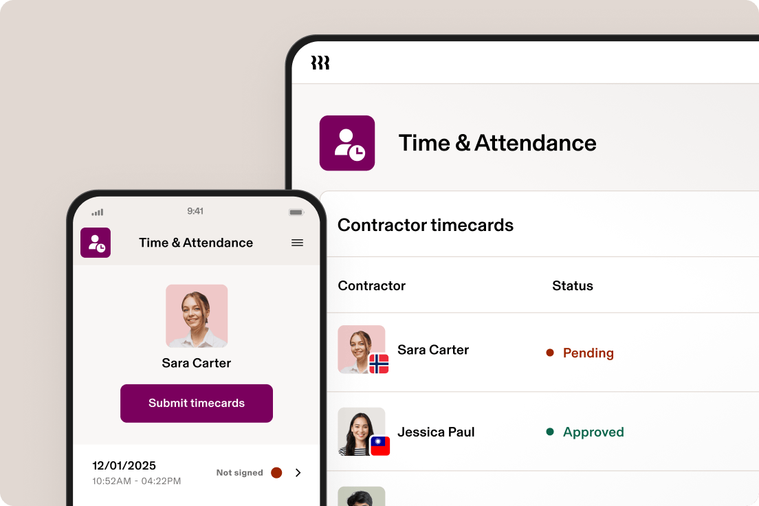 Tablet showing a screen in Rippling titled Time & Attendance with a list of contractor timecards and a phone showing a screen in Time & Attendance with a button that says submit timecards