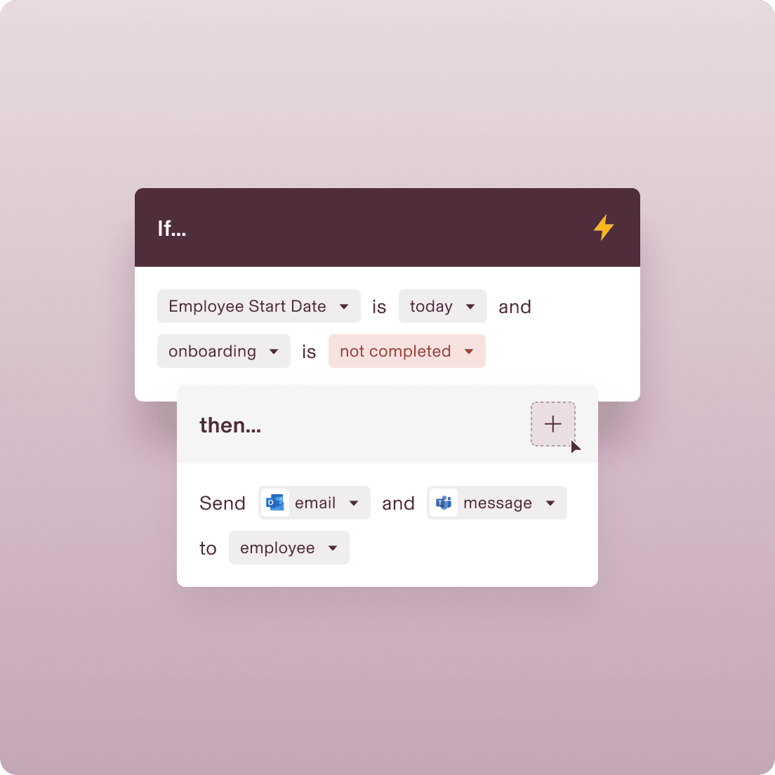 Workflow automation interface showing employee onboarding condition that sends email and Teams message when onboarding is incomplete.