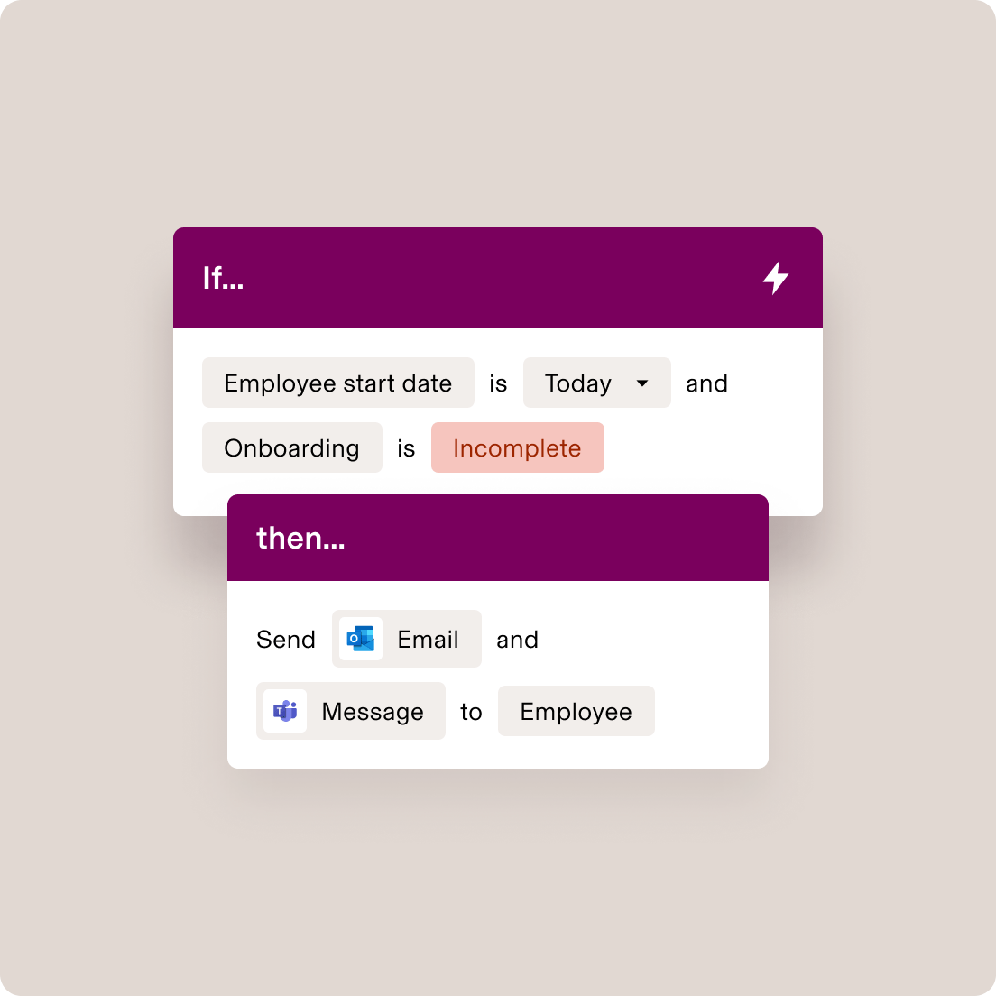 Interface d’automatisation de workflow sur laquelle est affichée la condition d’onboarding du collaborateur qui envoie un e-mail et un message Teams en cas d’onboarding incomplet.