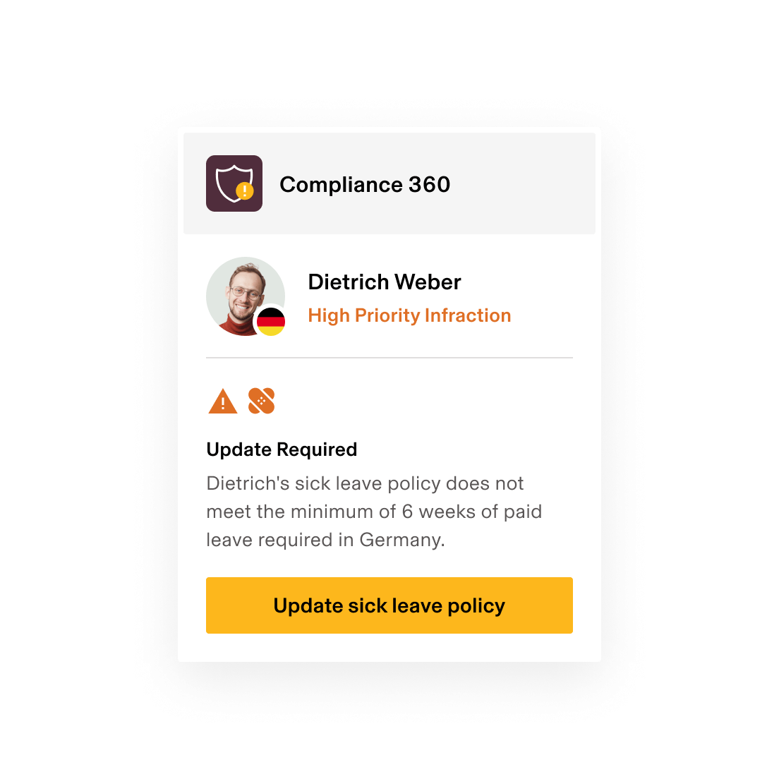 Compliance 360 alert showing high priority infraction for insufficient sick leave policy in Germany, requiring update.