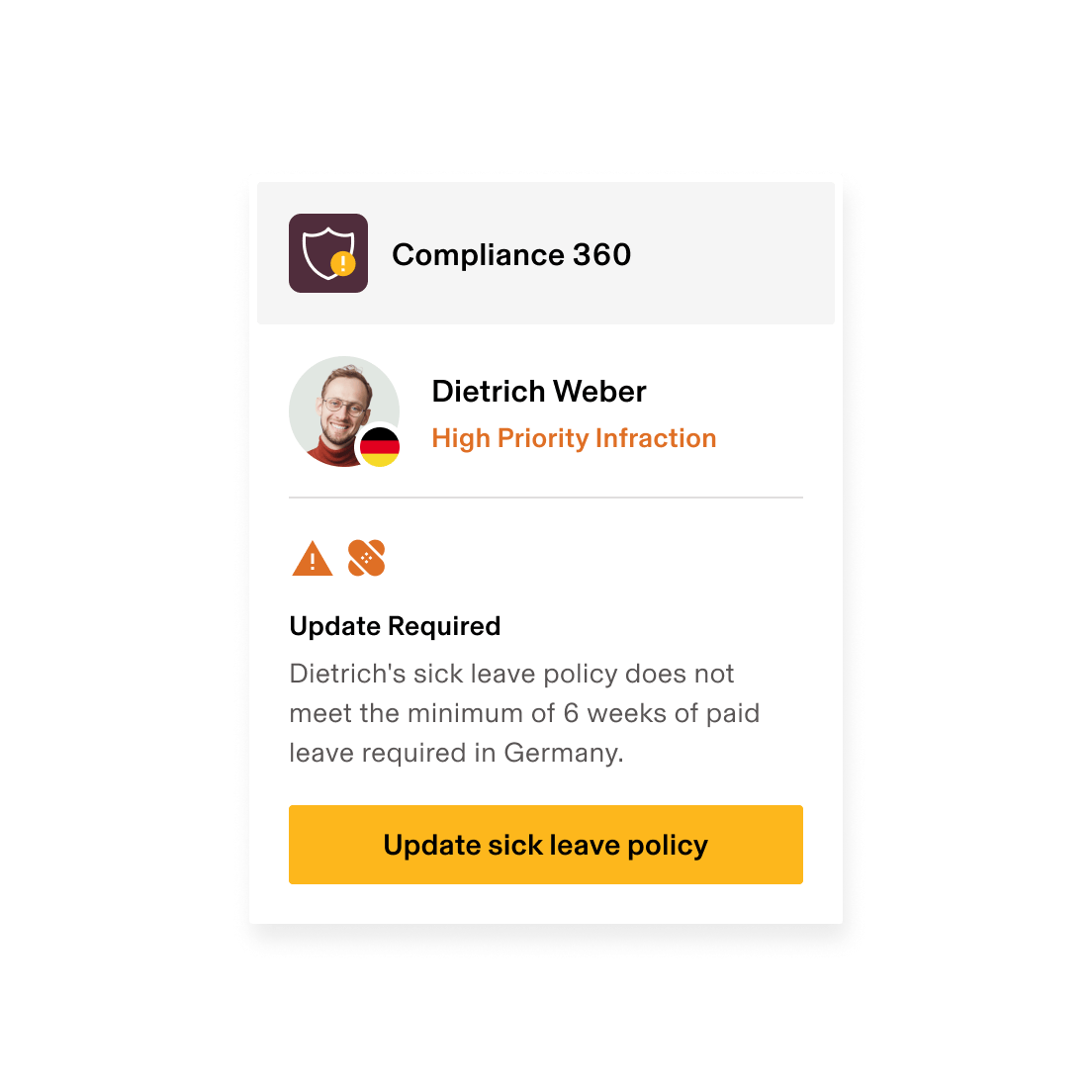 Compliance 360 alert showing high priority infraction for insufficient sick leave policy in Germany, requiring update.