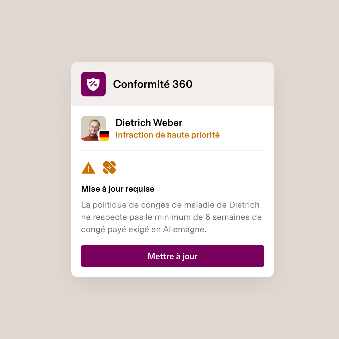 Alerte Compliance 360 signalant une infraction hautement prioritaire pour insuffisance de la politique en matière de congés de maladie en Allemagne, nécessitant une mise à jour.