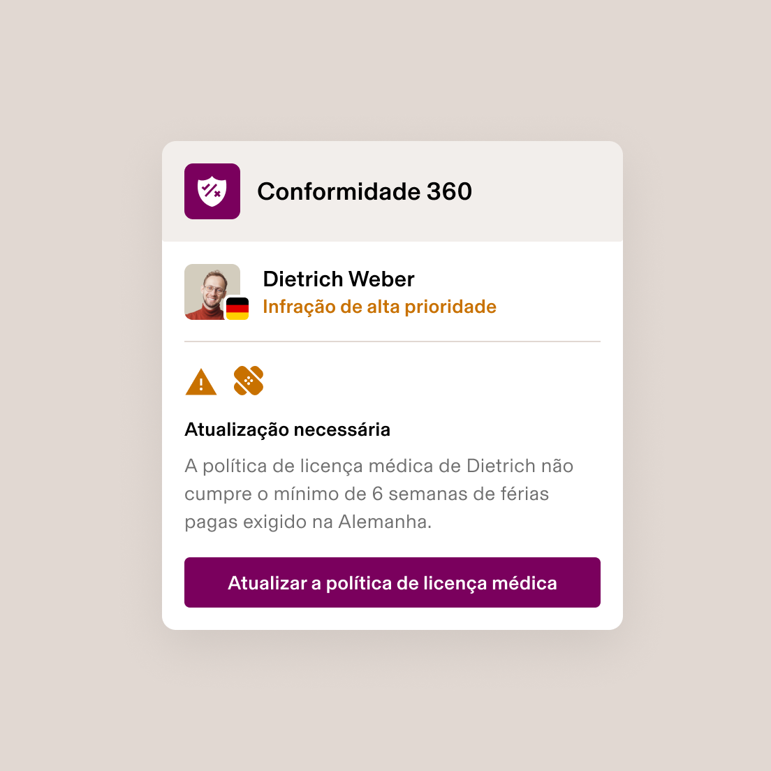 Alerta Compliance 360 a mostrar uma infração de elevada prioridade para política de licença médica insuficiente na Alemanha, atualização necessária.