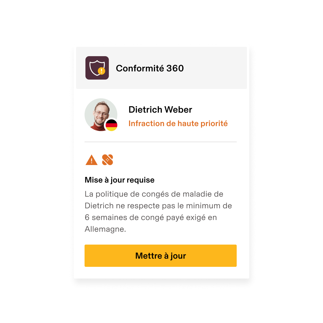 Alerte Compliance 360 signalant une infraction hautement prioritaire pour insuffisance de la politique en matière de congés de maladie en Allemagne, nécessitant une mise à jour.