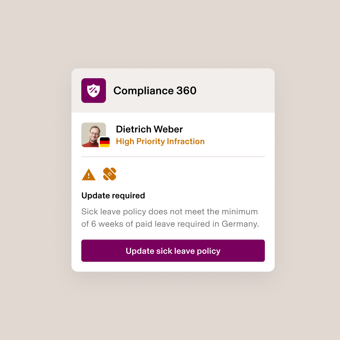 Compliance 360 alert showing high priority infraction for insufficient sick leave policy in Germany, requiring update.