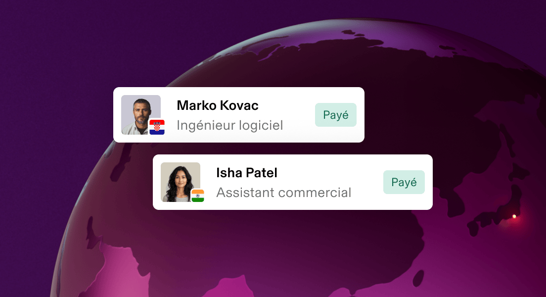 Cartes de profils d’utilisateurs avec deux membres de l’équipe qui ont été payés, leur intitulé de poste et le drapeau de leur pays affichés sur un fond bordeaux.