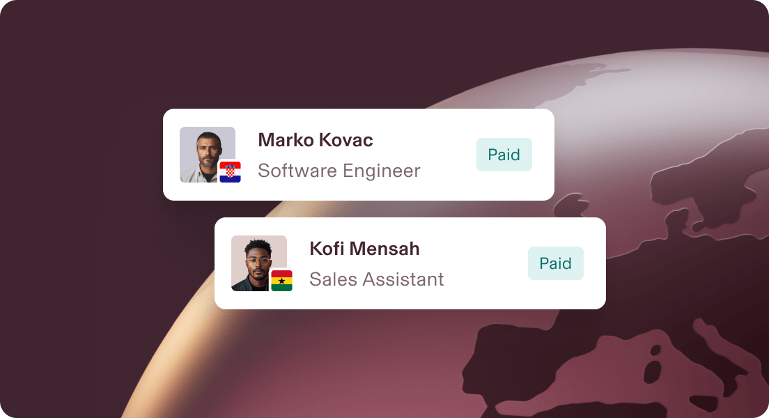User profile cards showing two paid team members with their job titles and country flags against a burgundy background.