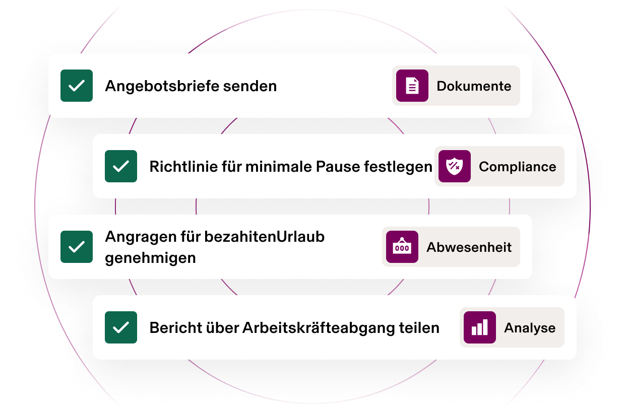 Image showing four completed HR tasks: Send offer letters (Documents), Set minimum break policy (Compliance 360), Approve Time Off requests (Time Off), and Share Employee Attrition Report (Analytics).
