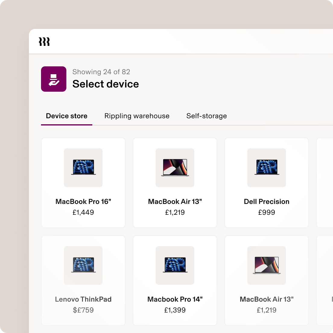 Device selection interface showing laptop options including MacBook Pro, MacBook Air, Dell Precision and Lenovo with prices.