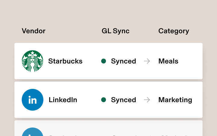 Interface showing vendor sync status with Starbucks and LinkedIn both synced under Meals and Marketing categories.