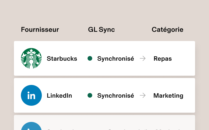 Interface sur laquelle est affiché le statut de synchronisation des fournisseurs ; Starbucks et LinkedIn sont respectivement classés dans les catégories Repas et Marketing.