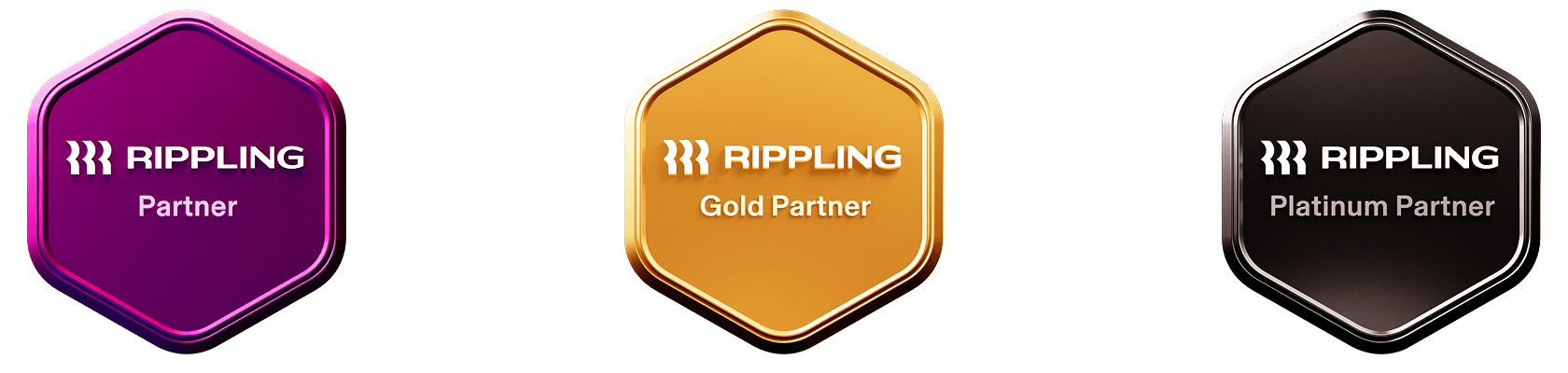 Three hexagonal Rippling partnership badges in purple, gold, and black, showing Partner, Gold Partner, and Platinum Partner levels.
