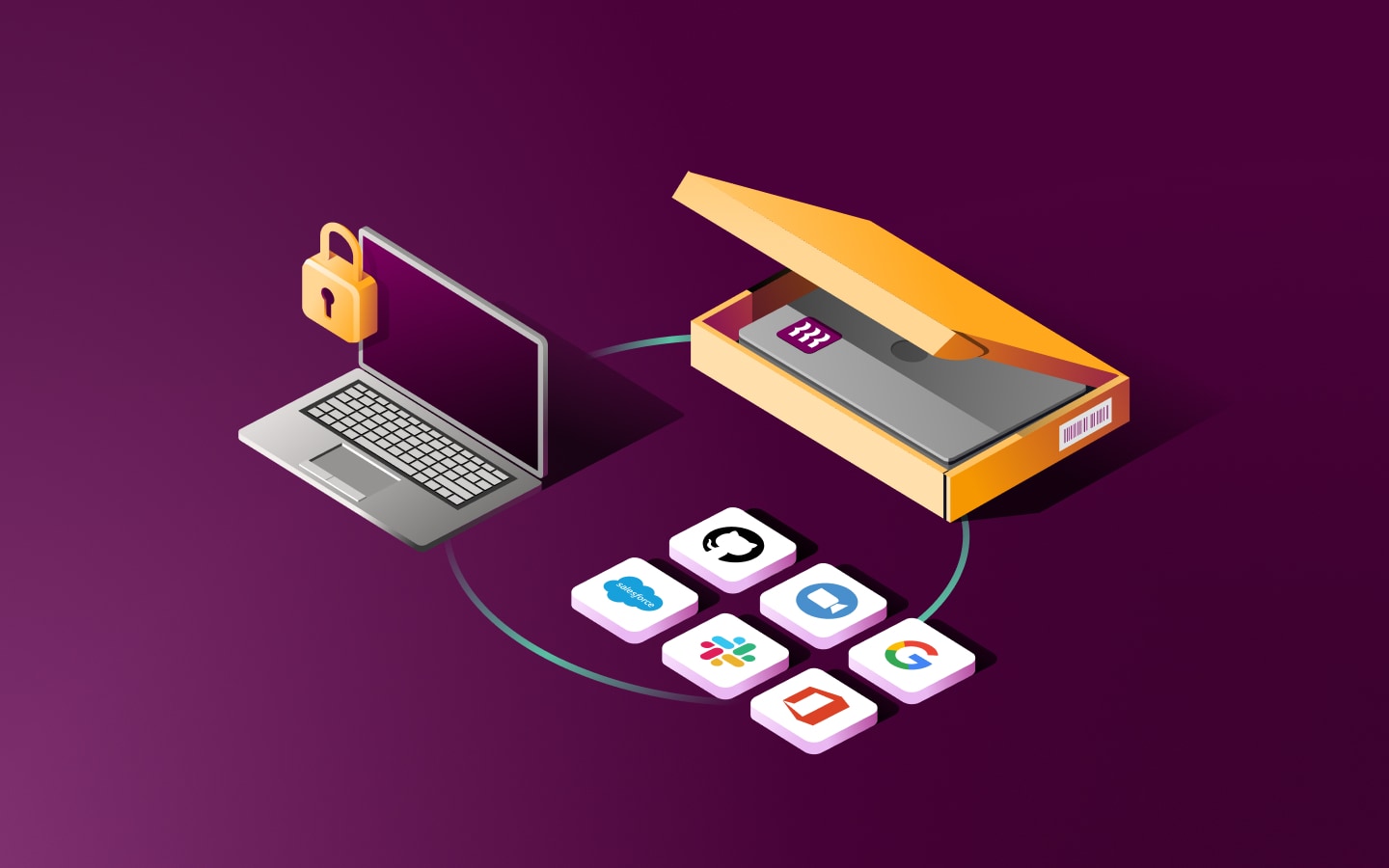Graphic illustration of a laptop in a delivery box; a collection of icons for apps including GitHub, Zoom, and Salesforce; and an open laptop with a padlock icon