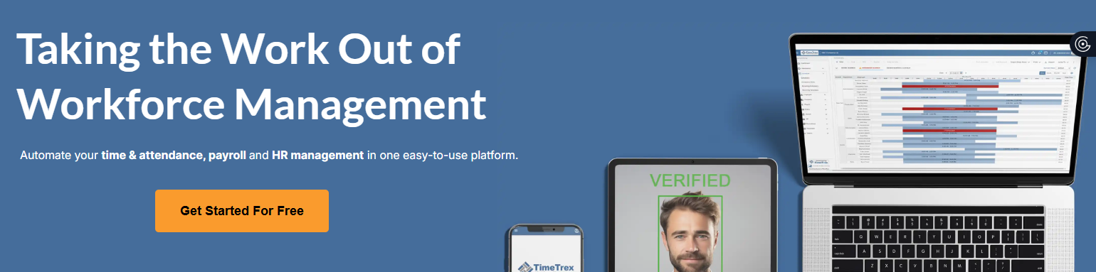 Workforce management platform showing laptop with scheduling interface, mobile app, and verification system on blue background.