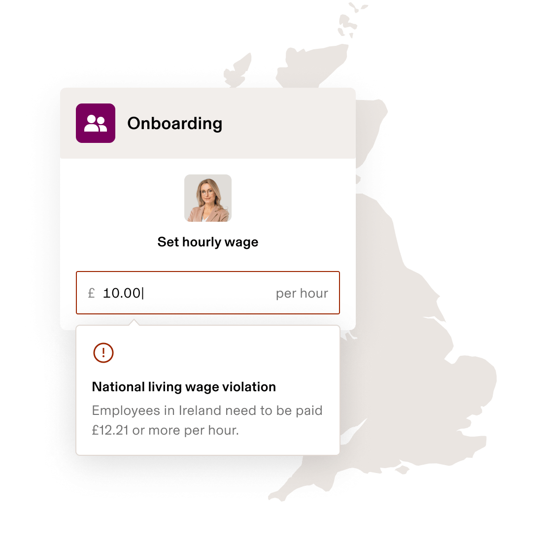 Screenshot of a minimum wage setting with a compliance warning in Rippling