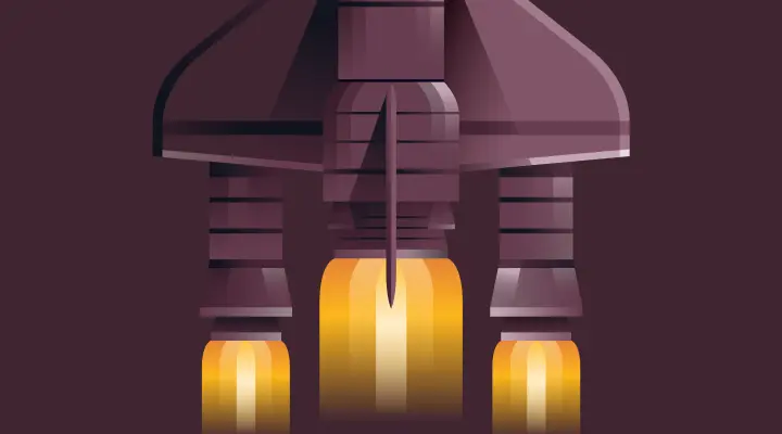 Stylized rocket or spacecraft with three glowing yellow engines against a dark purple background.