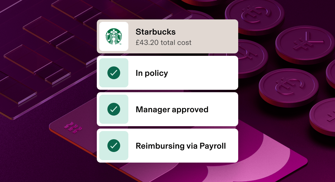 Mobile expense app showing approved Starbucks purchase of $44.20 with in-policy status and payroll reimbursement.