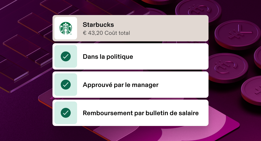 Application mobile Dépenses présentant un achat approuvé de 44,20 $ effectué chez Starbucks, le statut « conforme à la politique » et le remboursement effectué par la gestion de la paie.