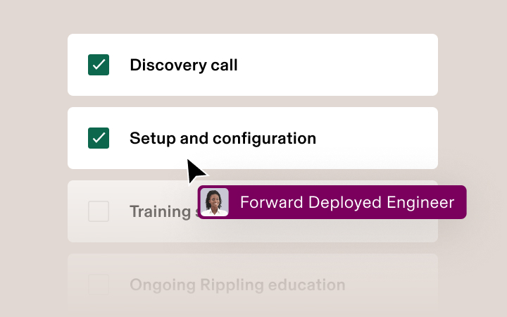 Checklist showing completed “Discovery call” and “Setup and configuration” items with “Forward Deployed Engineer” button highlighted.