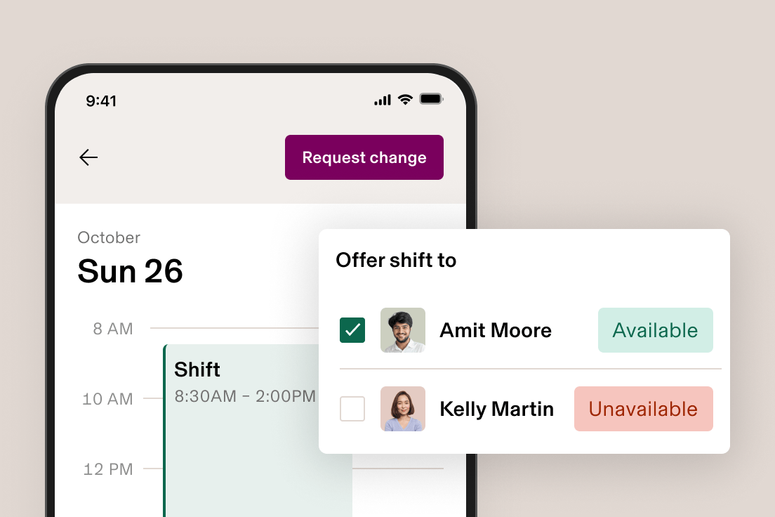 UI of the Rippling mobile app showing a staff schedule with shift changes
