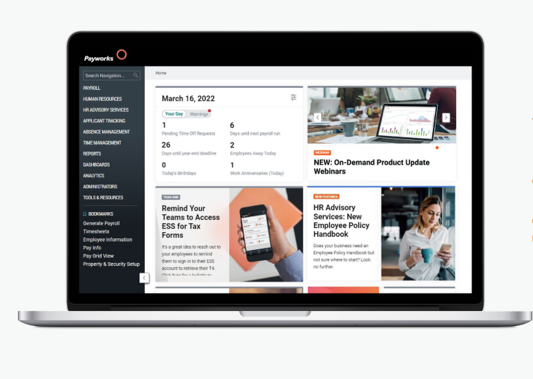 Payworks HR dashboard on laptop showing employee statistics, tax forms access, and HR advisory services webinar information.