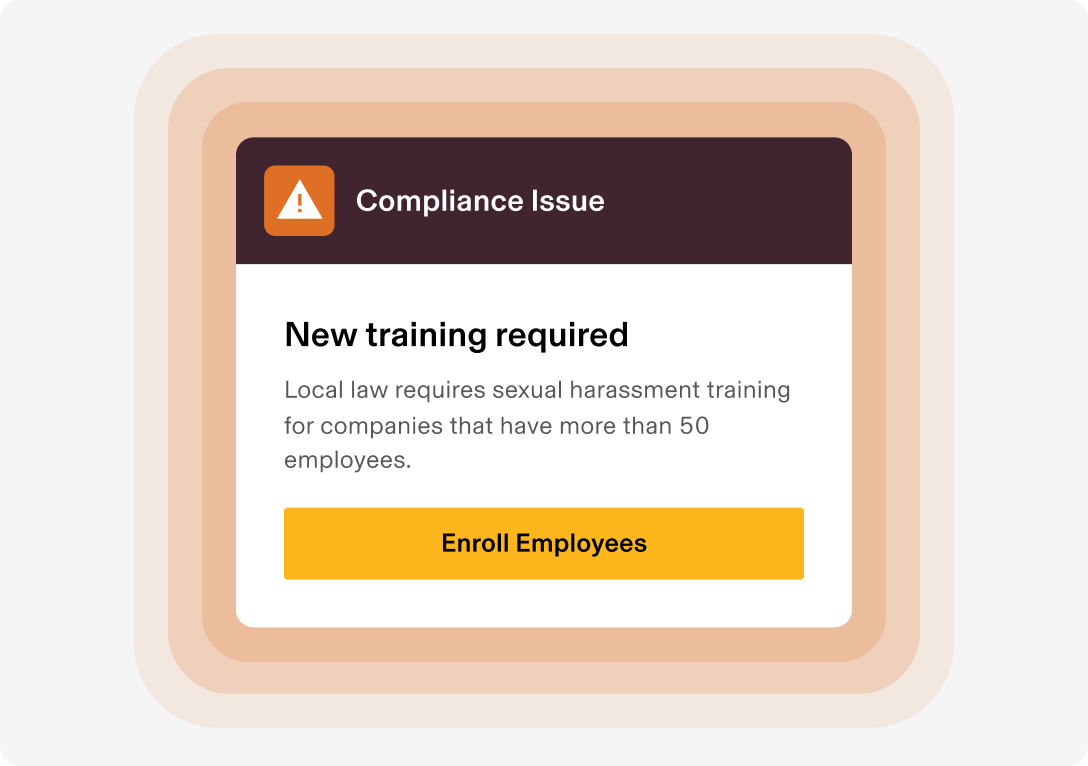 UI image of a Compliance Issue warning that says New training required and a button labeled Enroll Employees