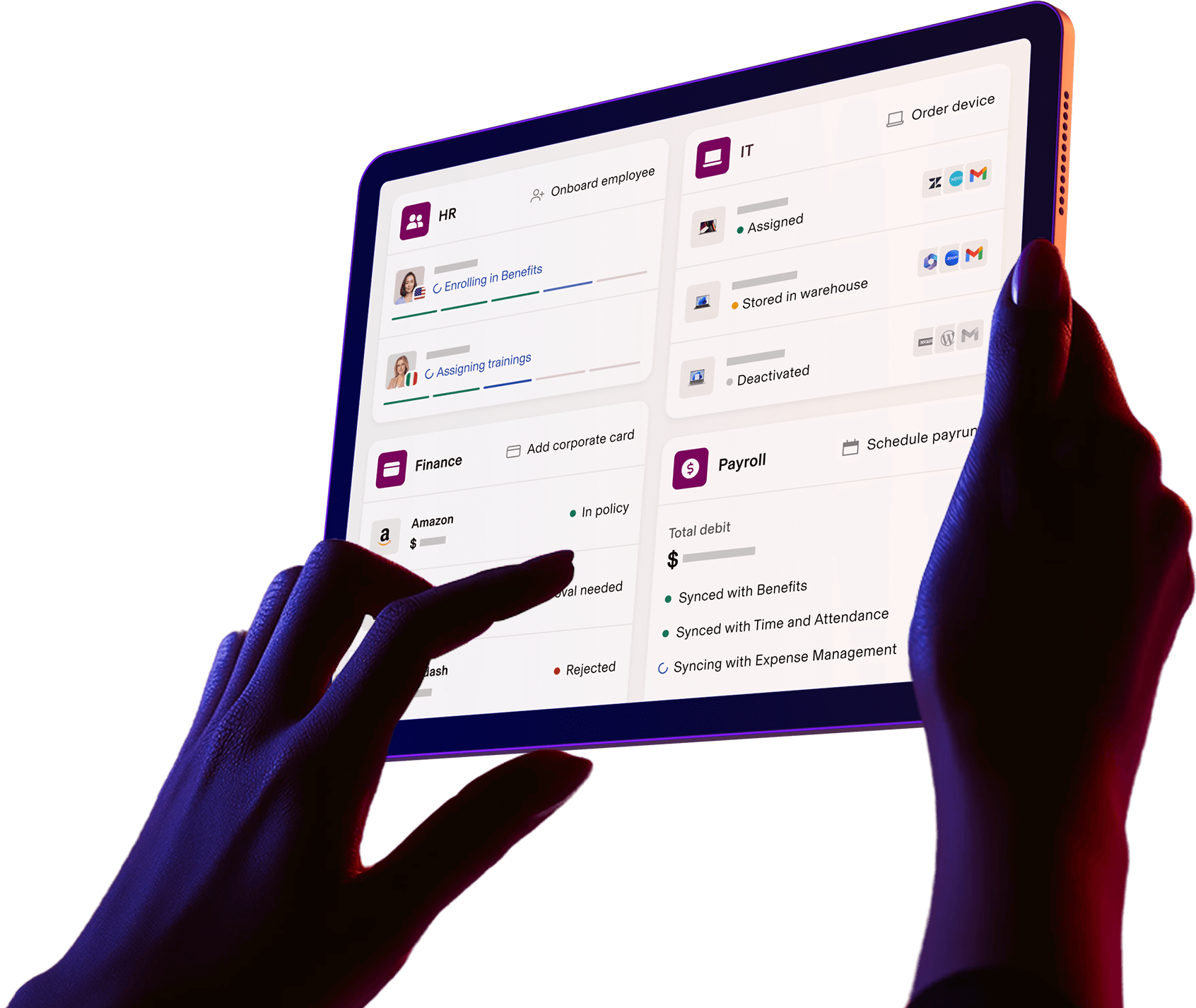 Photograph of a pair of hands holding a tablet displaying a Rippling dashboard with sections for the HR, IT, Finance, and Payroll apps