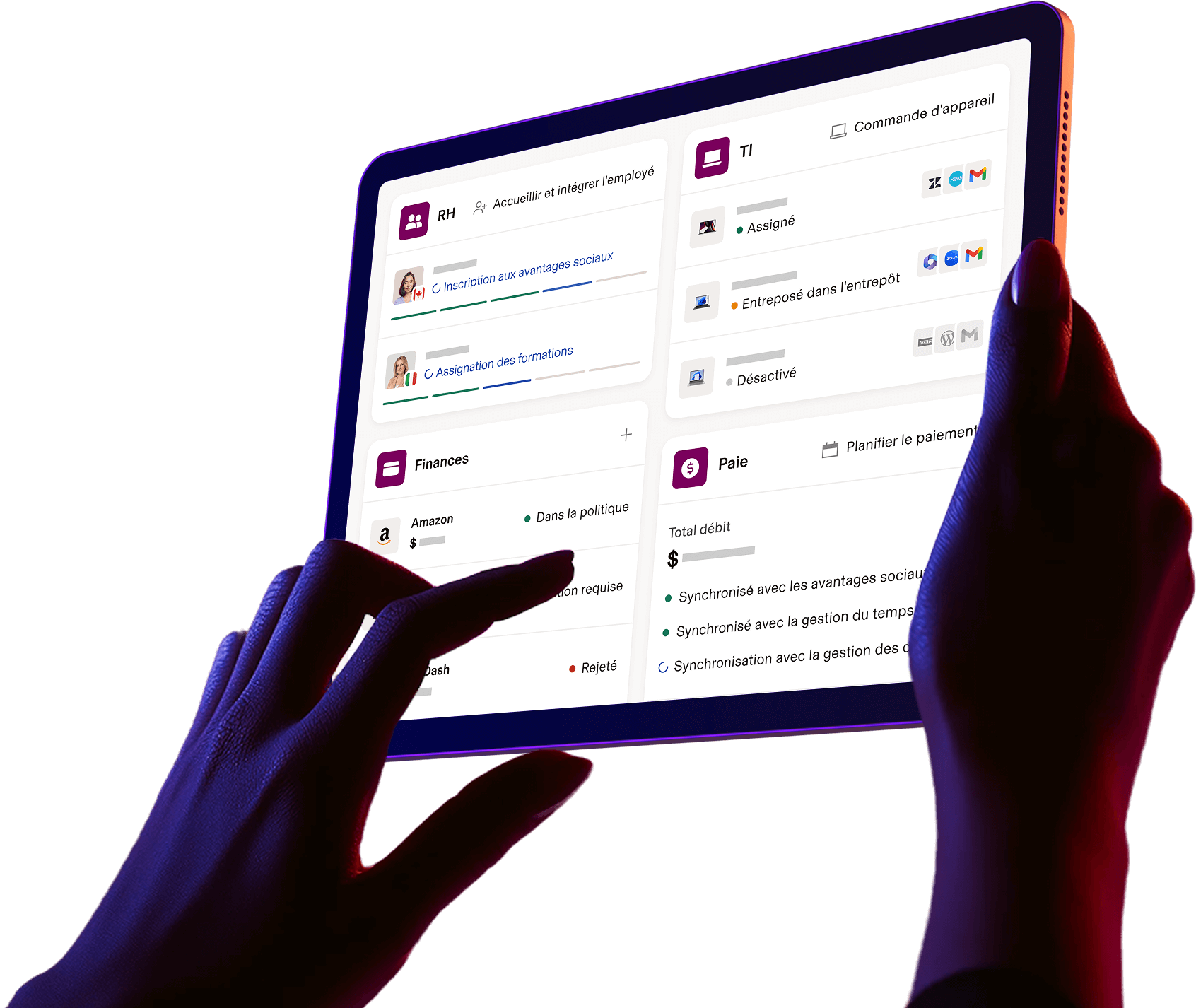 Photo de deux mains tenant une tablette sur laquelle un tableau de bord Rippling est affiché, avec des sections pour les applications RH, TI, Finances et Paie