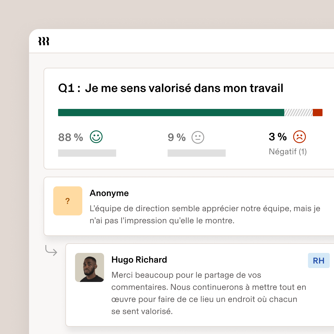Sondage sur les retours des collaborateurs avec 88 % de réponses positives à la proposition « Je me sens apprécié(e) au travail », un commentaire anonyme et une réponse des RH.