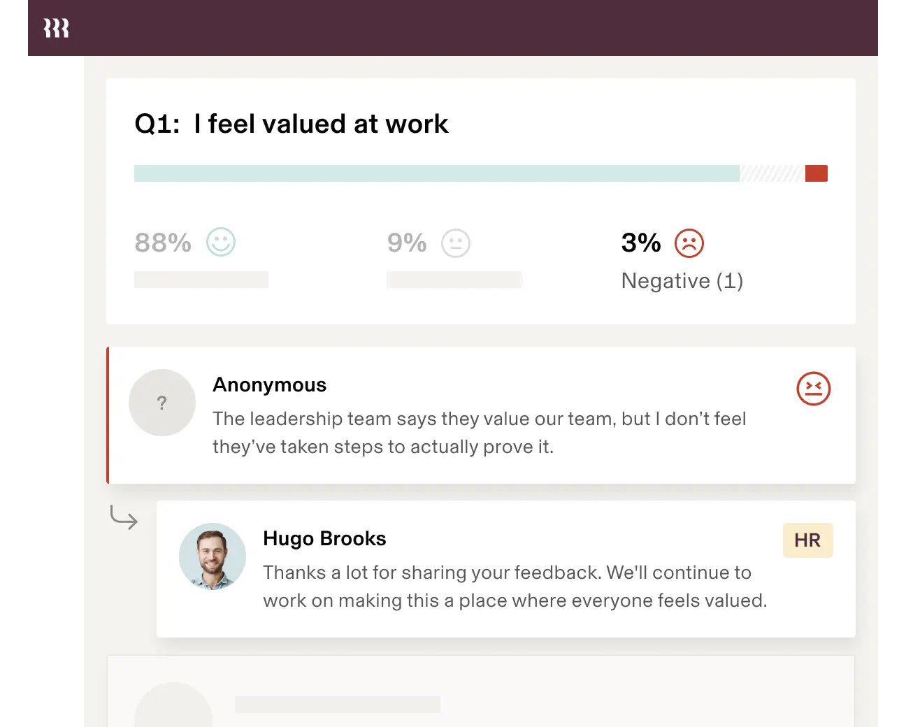 Sondage sur les retours des collaborateurs avec 88 % de réponses positives à la proposition « Je me sens apprécié(e) au travail », un commentaire anonyme et une réponse des RH.