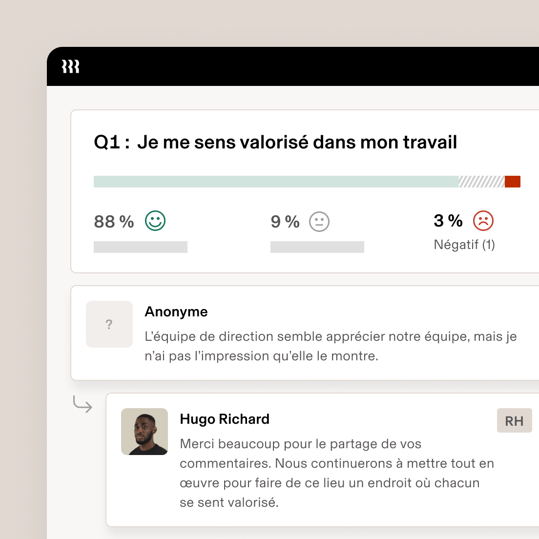 Sondage sur les retours des collaborateurs avec 88 % de réponses positives à la proposition « Je me sens apprécié(e) au travail », un commentaire anonyme et une réponse des RH.