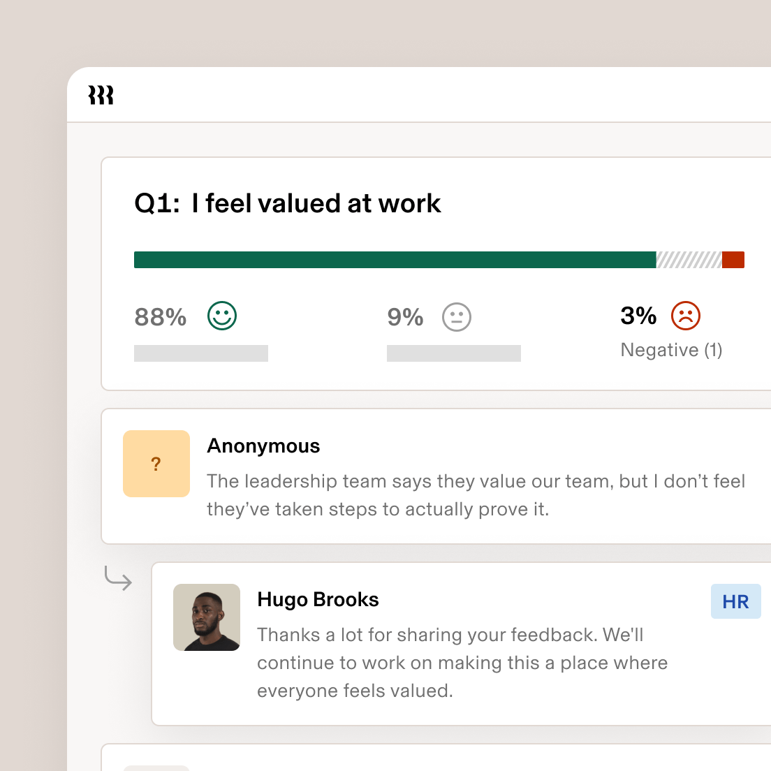 Employee feedback survey showing 88% positive responses to “I feel valued at work” with an anonymous comment and HR reply.