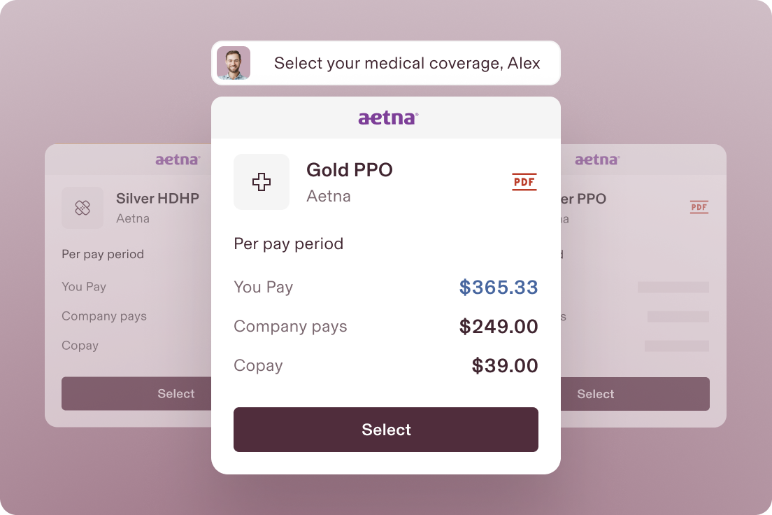Health insurance selection screen showing Aetna plan options with Gold PPO highlighted, displaying costs and payment details.