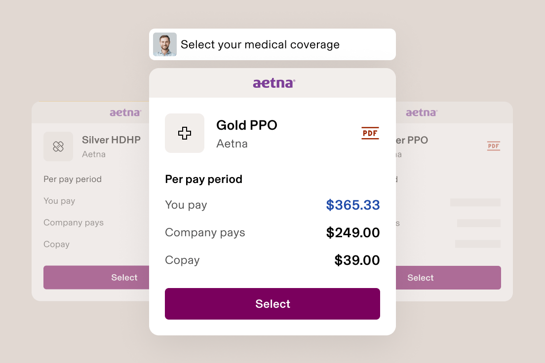 Medical coverage selection interface showing Aetna plans with Gold PPO highlighted, displaying employee and company payment details.