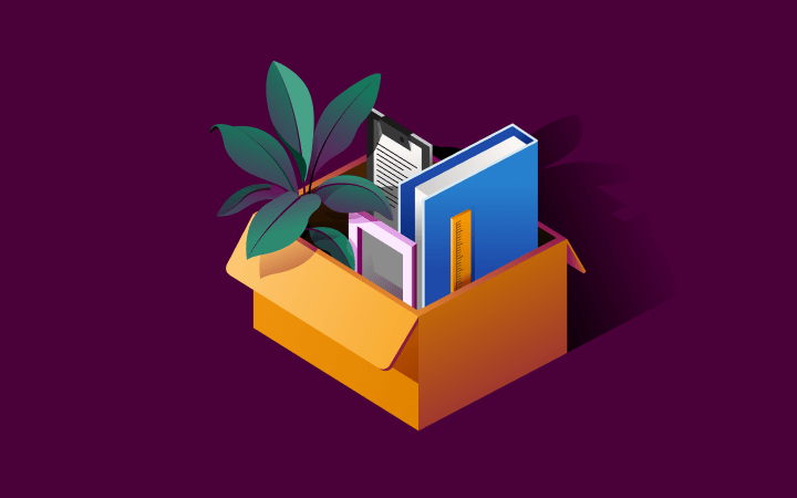 Orange box containing books and a potted plant with green leaves against a deep purple background.