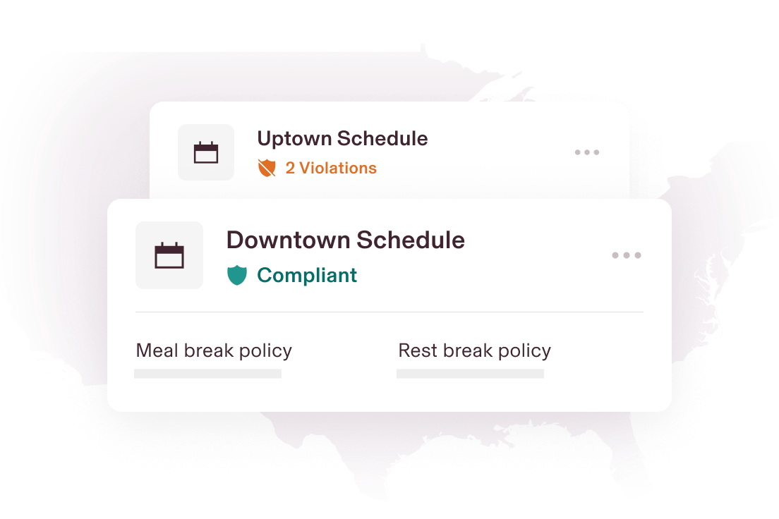 Example alerts in Rippling that say "Uptown Schedule: 2 Violations" and "Downtown Schedule: Compliant" for meal break policy and rest break policy, superimposed over a silhouette of the United States