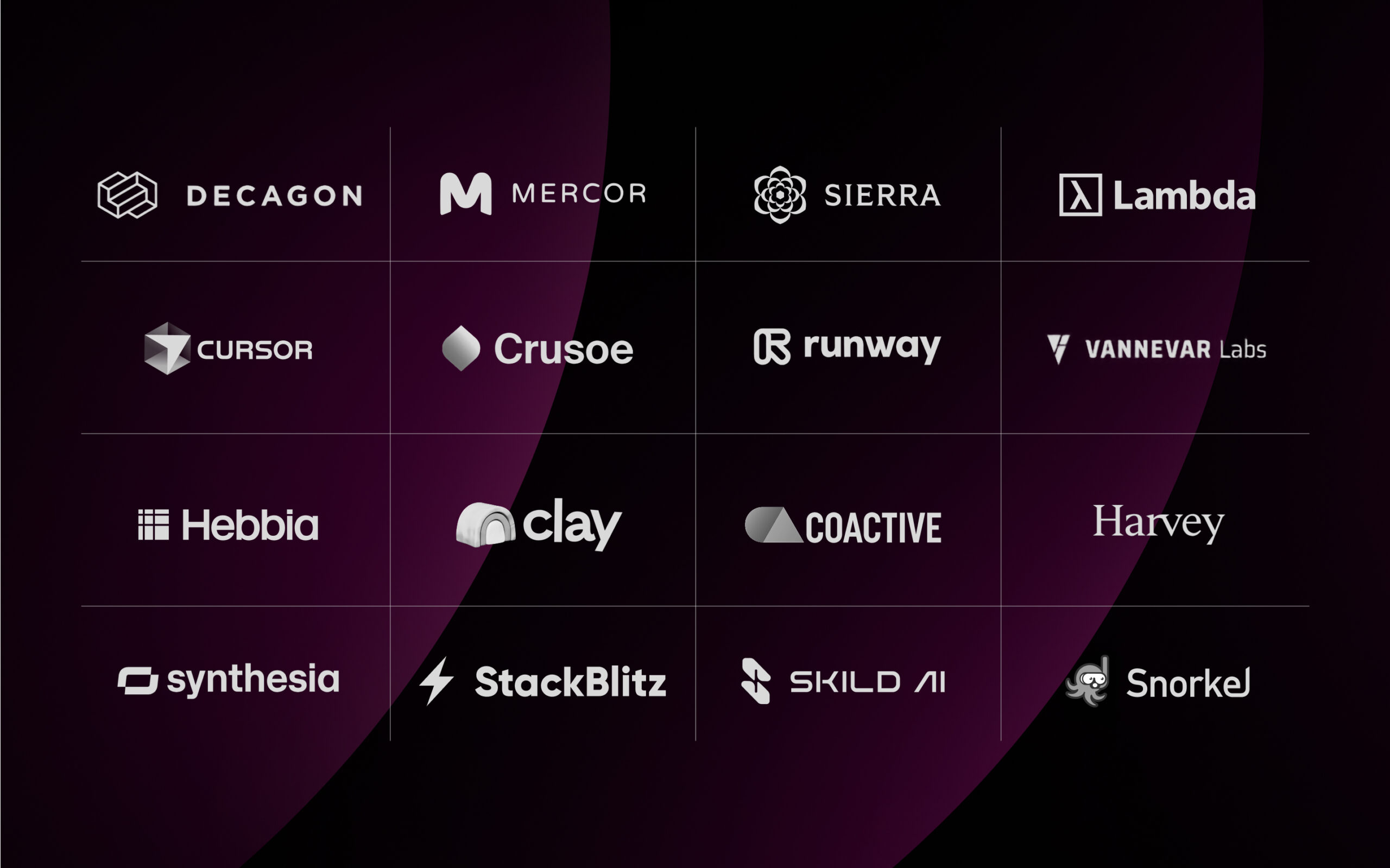 A grid of 16 startup logos