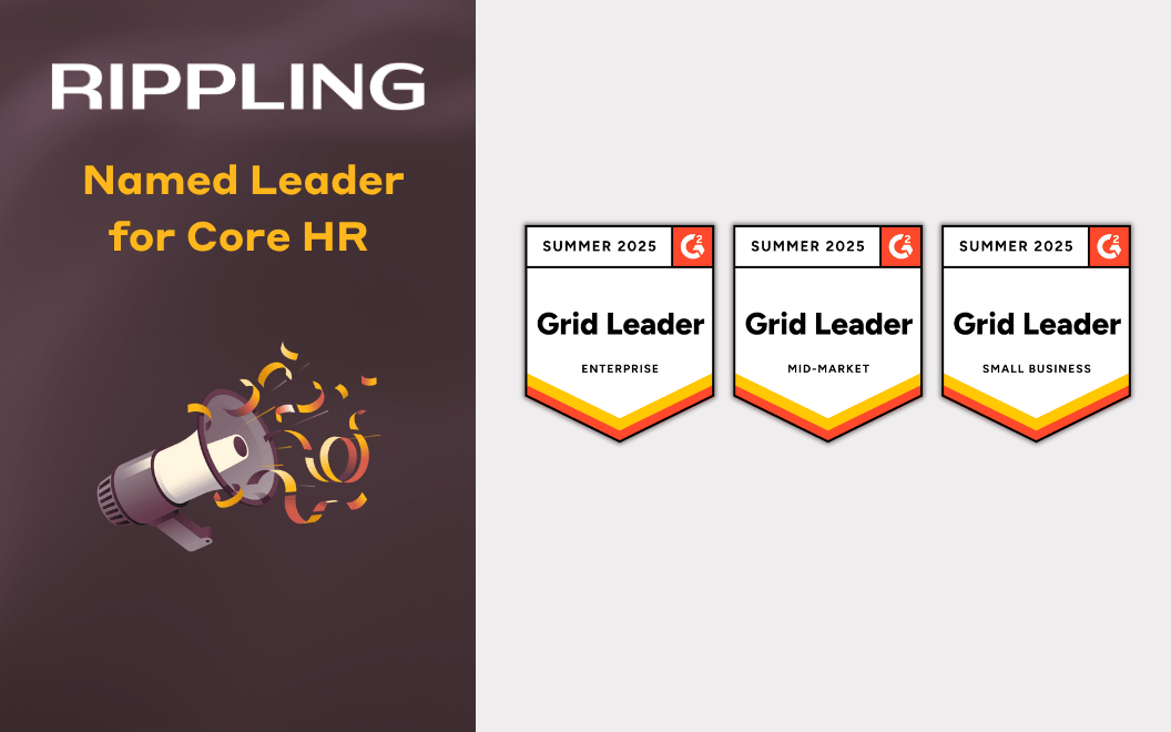 Graphic illustration of a megaphone with confetti that says Rippling named leader for Core HR with three Grid LEader badges labeled enterprise, mid-market, and small business