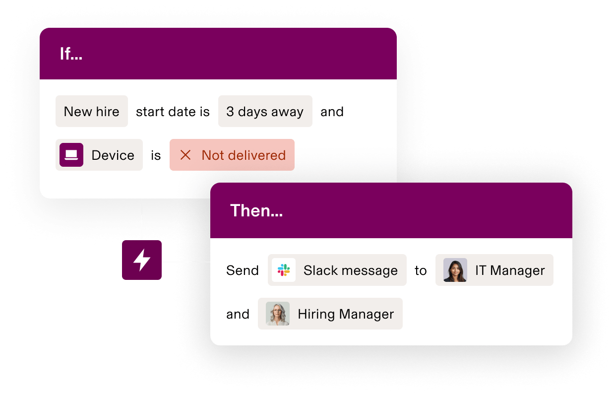 Workflow automation interface showing if new hire starts in 3 days but device isn't delivered, send Slack message to IT and hiring managers