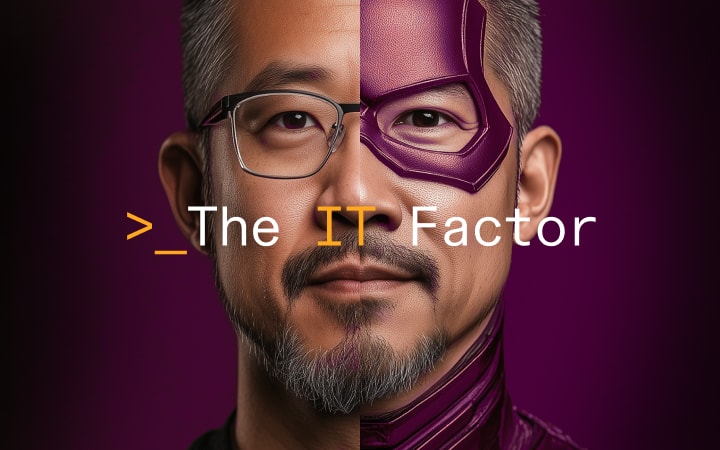 Photorealistic graphic illustration of a person with half of their face covered with a superhero mask with The IT Factor newsletter title overlaid