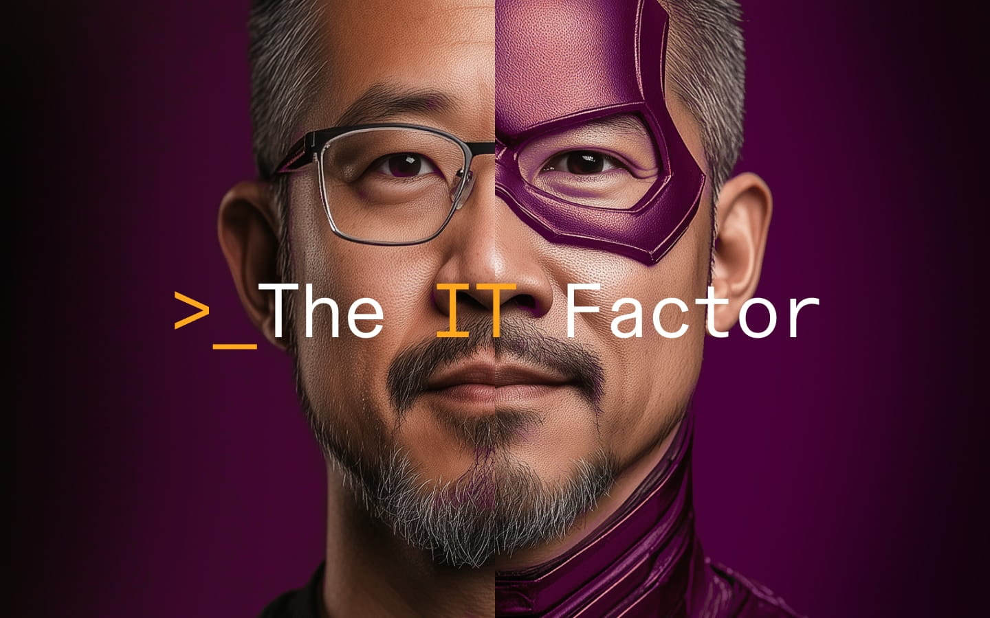 Photorealistic graphic illustration of a person with half of their face covered with a superhero mask with The IT Factor newsletter title overlaid