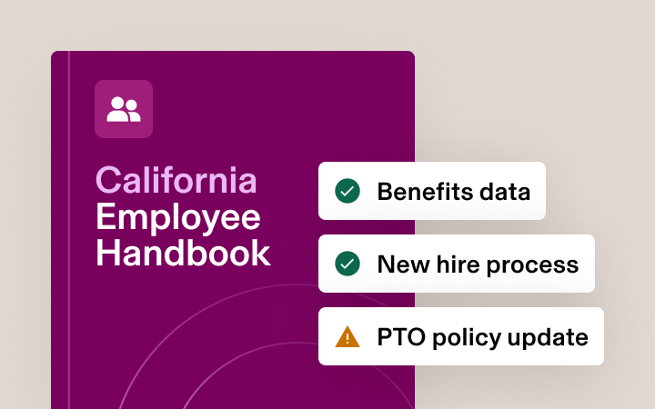 Cover of a "California employee handbook" in dark plum with an icon of a house. To the right, there are three labeled checklists: "Benefits data" and "New hire process" with green check marks, and "PTO policy update" with an orange warning icon.
