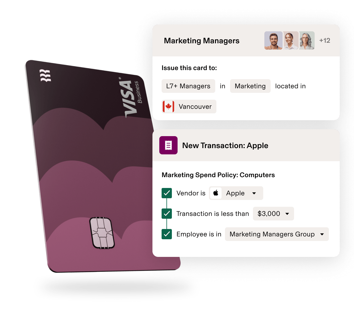 Purple VISA business card with transaction interface showing Apple purchase approval for Marketing Managers in New York.
