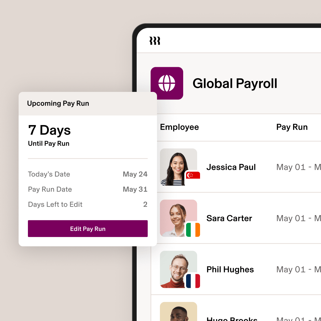 Global payroll dashboard displaying an upcoming pay run schedule for May, with a countdown of days until processing.