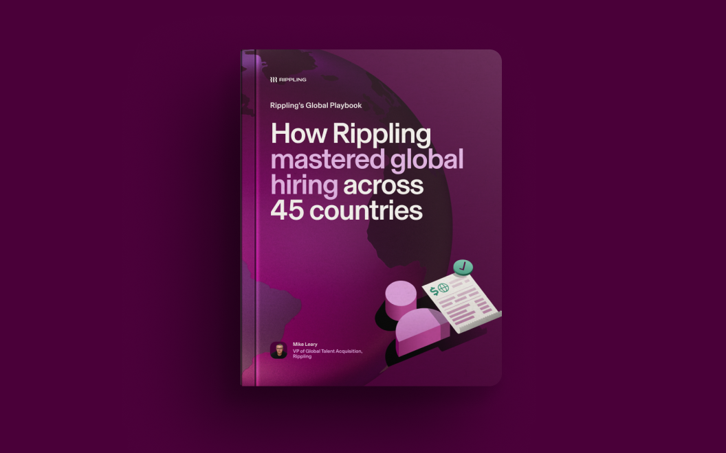 Purple e-book cover titled "How Rippling mastered global hiring across 45 countries" with abstract shapes and document icon.