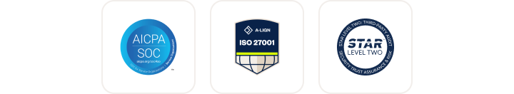 Three certification badges displayed side by side: AICPA SOC, ISO 27001, and STAR Level Two security certifications.
